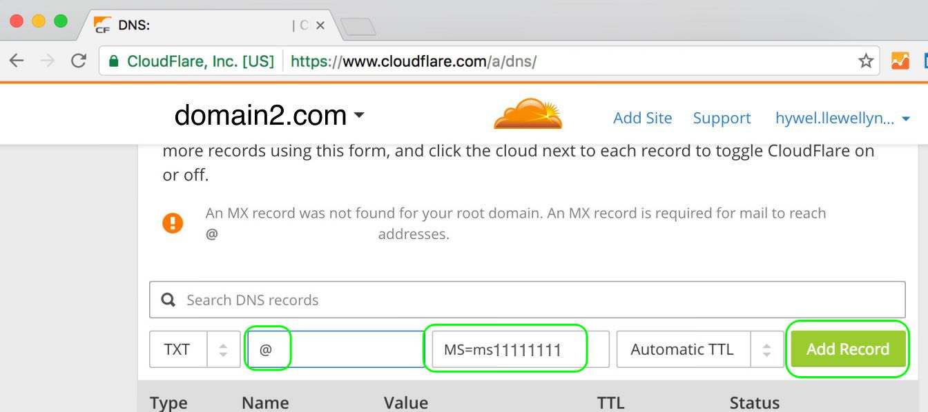 3.3 Click Add Record to add TXT for Office 365 domain validation